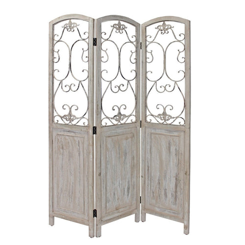 48 inch 3 Panel Screen with Metal Scrollwork, Washed Beige