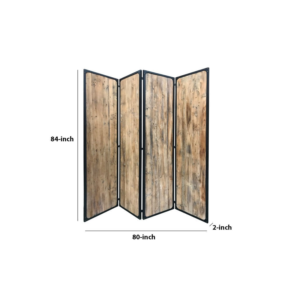 84 Inch 4 Panel Metal Frame Room Divider Black and Brown BM231307