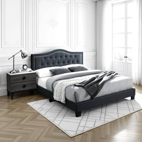 Carly Queen Bed | Burlap | Button Tufted | Curved Headboard | Charcoal Gray