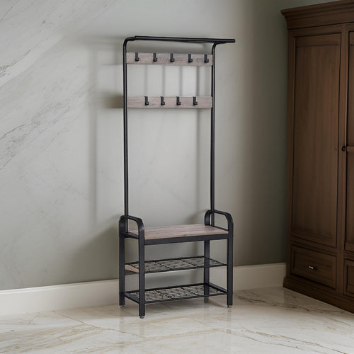 Callen Hall Tree | 72" | Metal Frame | 9 Hooks | Brown & Black