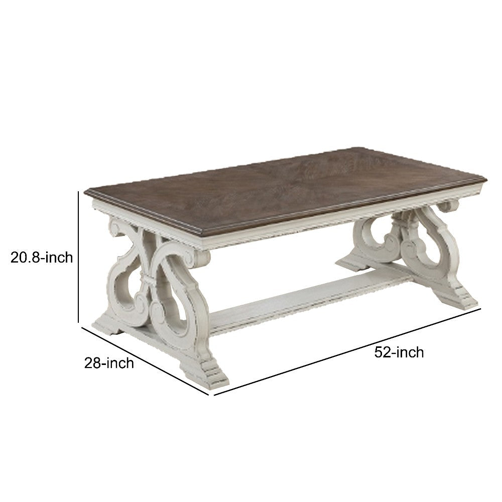 Dual Tone Coffee Table | Scroll Base | Distressed White & Brown BM232872