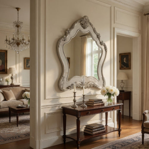 Wooden Arched Wall Mirror with Floral Design, White