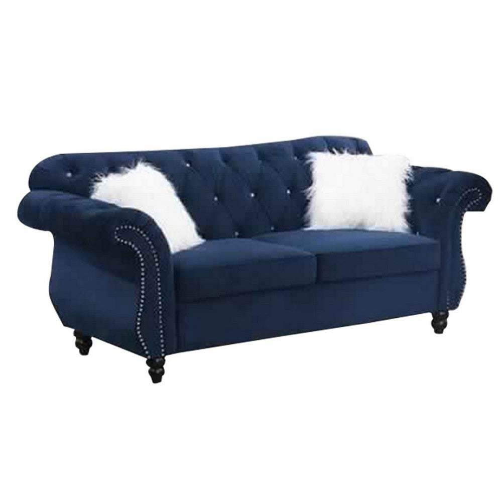 Loveseat | Nailhead Trim Velvet | 77" | Crystal Tufting | Blue