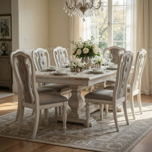 Dining Chair | Button Tufted Backrest | Padded Seat | Set of 2 | White & Gray