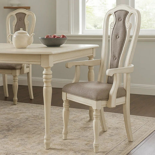 Armchair | Wood | Button Tufted Back | Set of 2 | Cream & Gray