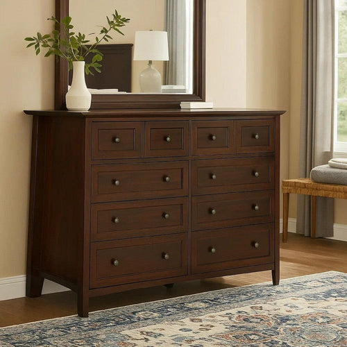 Transitional Style 8 Drawer Wooden Dresser with Bevel Floating Top, Brown