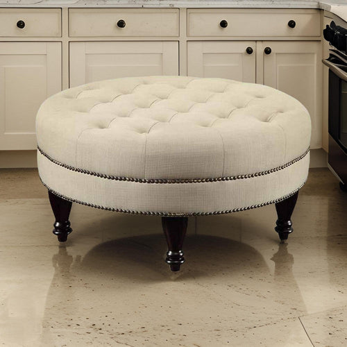 Ottoman | Round Fabric | Nailhead Trim | Gray