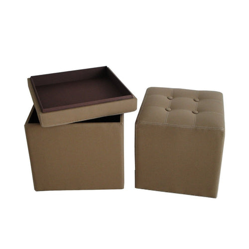 Fabric Covered Storage Ottoman with Button Tufted Lift Top, Set of 2, Brown