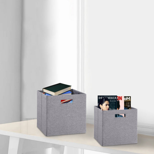 13, 11 Inch Fabric Draped Foldable Storage Bin, Cutout Handles, Set of 2, Gray By Linon Home Decor
