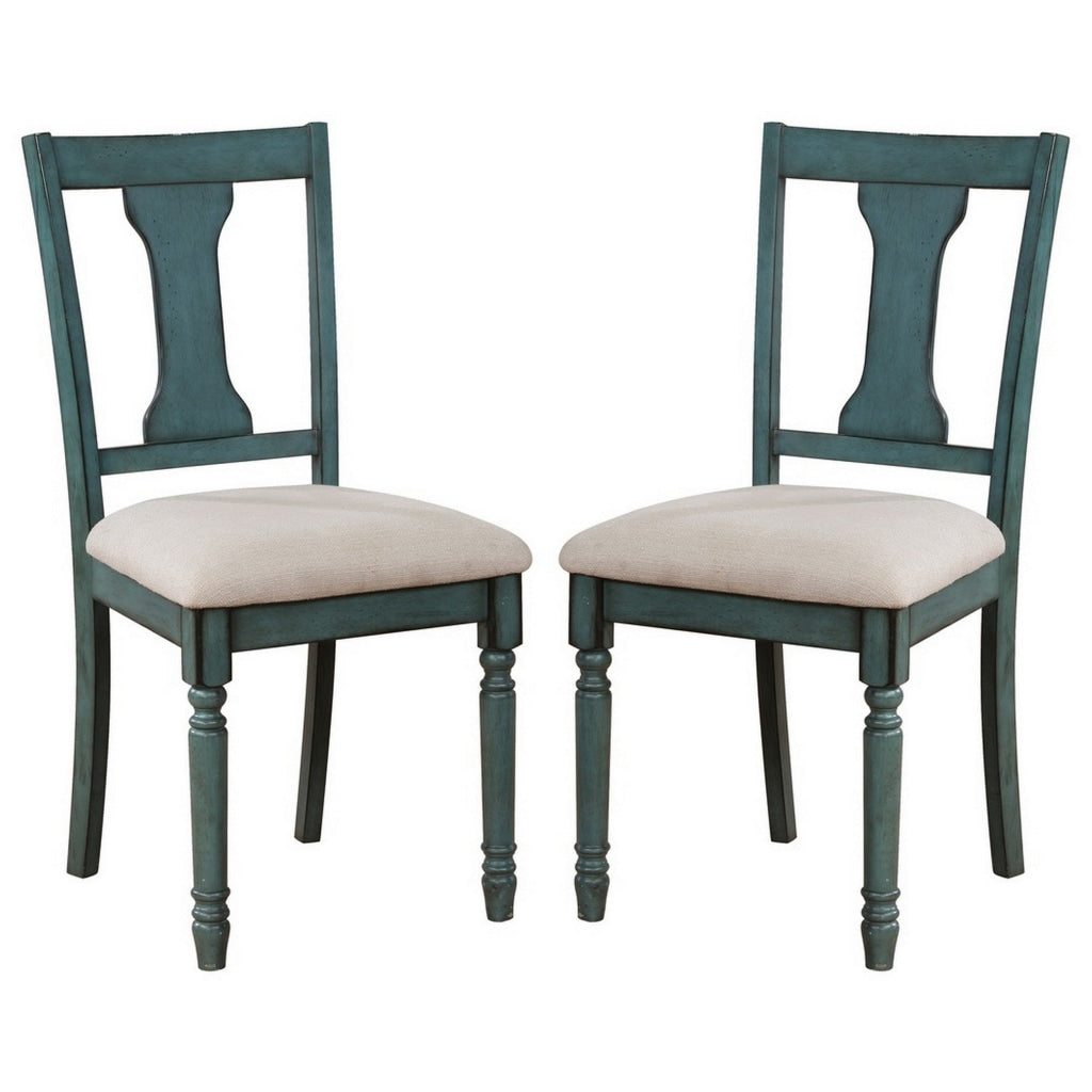 Wooden Side Chair with Open Chiseled Design Back Set of 2 Blue By Casagear Home BM233693