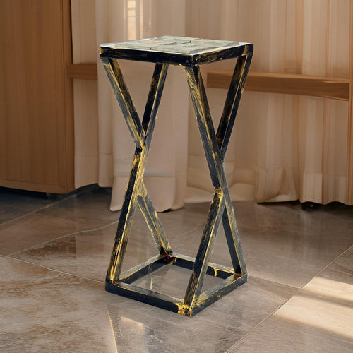 Plant Stand | 19.5" | Stone Top | Geometric Base | Black & Gray