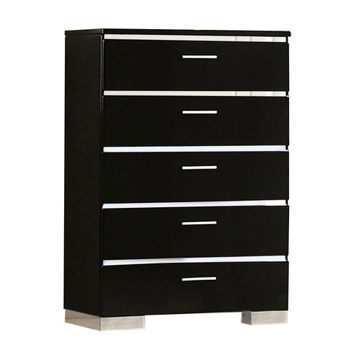 Tall Dresser Chest | 5 Drawer | High Gloss Lacquer | Bracket Feet | Black & Chrome