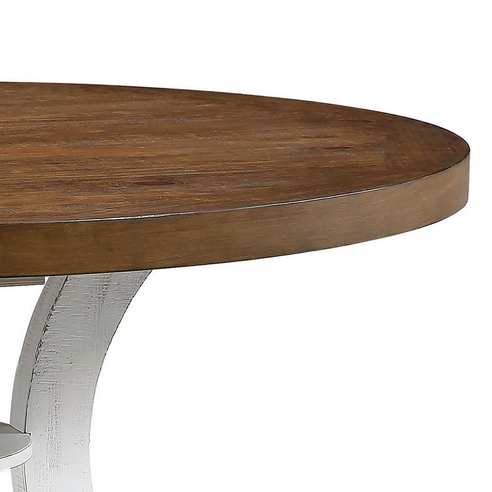 Dual Tone Round Top Dining Table with Pedestal Base, Brown and White