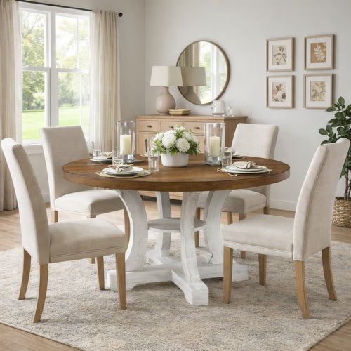 Dual Tone Round Top Dining Table with Pedestal Base, Brown and White