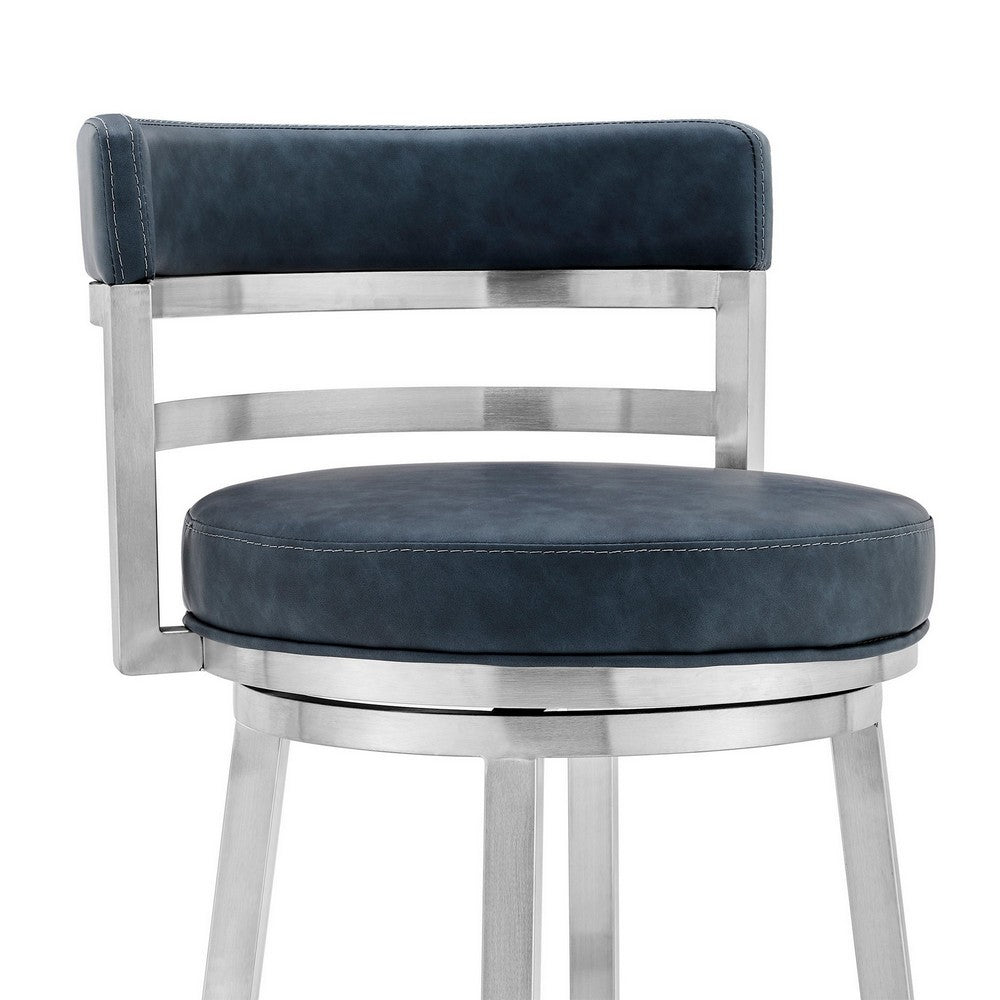 26 Inch Leatherette Counter Height Barstool, Silver and Blue