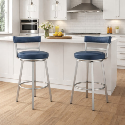 26 Inch Leatherette Counter Height Barstool, Silver and Blue