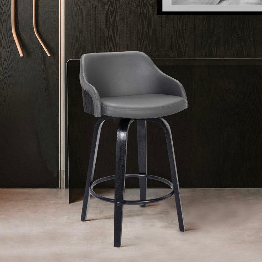 26 Inch Wooden and Leatherette Swivel Barstool, Black and Gray By Casagear Home