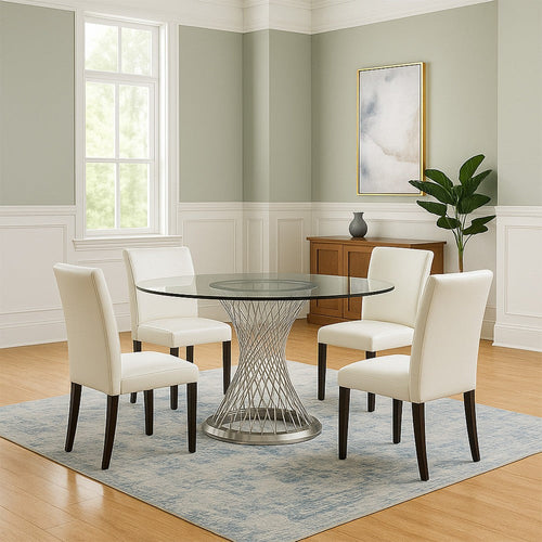 Dining Table | Round Glass Top | Metal Mesh Base | Silver