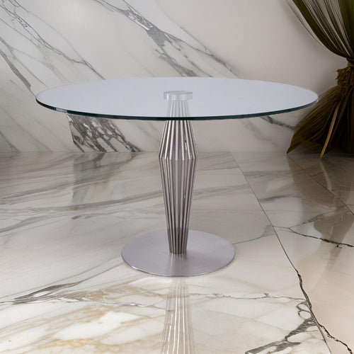 Dining Table | Round Glass Top | Geometric Pedestal Base | Silver
