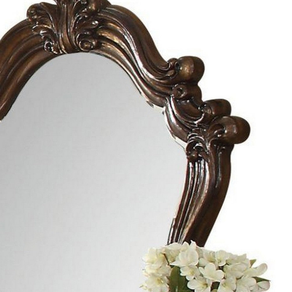 Scroll and Molded Wooden Mirror with Carved Details Cherry Brown BM238098