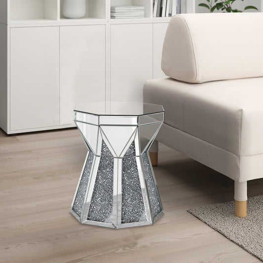 Multiple Faceted Mirrored End Table with Faux Diamonds, Silver By Casagear Home