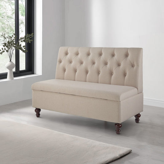 53 Inches Button Tufted Fabric Storage Bench with Turned Legs, Beige - BM238375 By Casagear Home