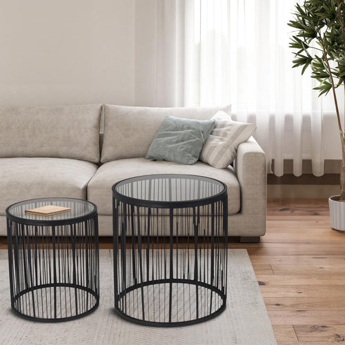 Set of 2 Accent Tables | Glass Top | Wire Frame | Black
