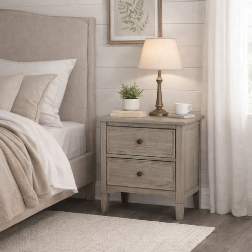 2 Drawer Wooden Nightstand with Round Knobs, Gray