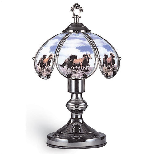 Table Lamp | Glass Umbrella Shade | Running Horses Print | Silver