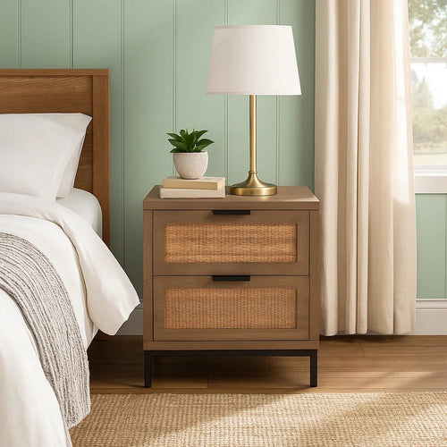 Side Table | MDF Frame | 2 Rattan Drawers | Brown