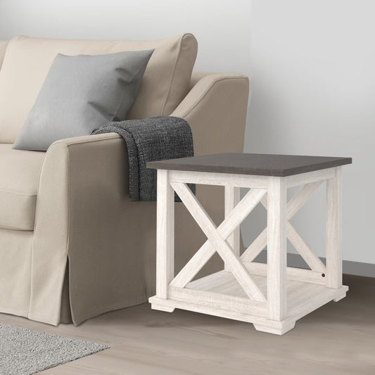 End Table with Bottom Shelf and Cross Buck Design, Gray and White
