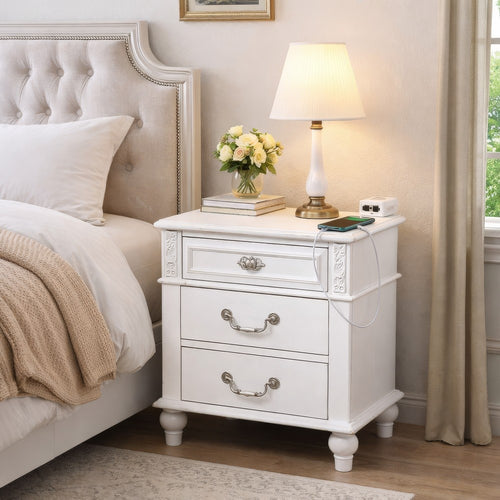 Nightstand with 3 Drawers and Built In USB Port, White