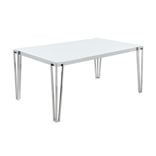 Dining Table with Glass Top and Metal Legs, White and Chrome