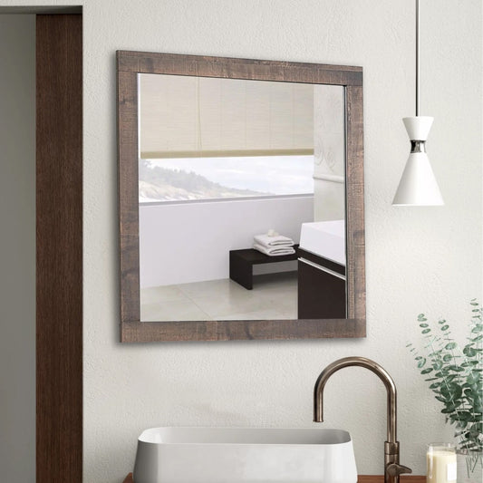 Square Dresser Mirror with Wooden Frame, Weathered Oak Brown By Casagear Home