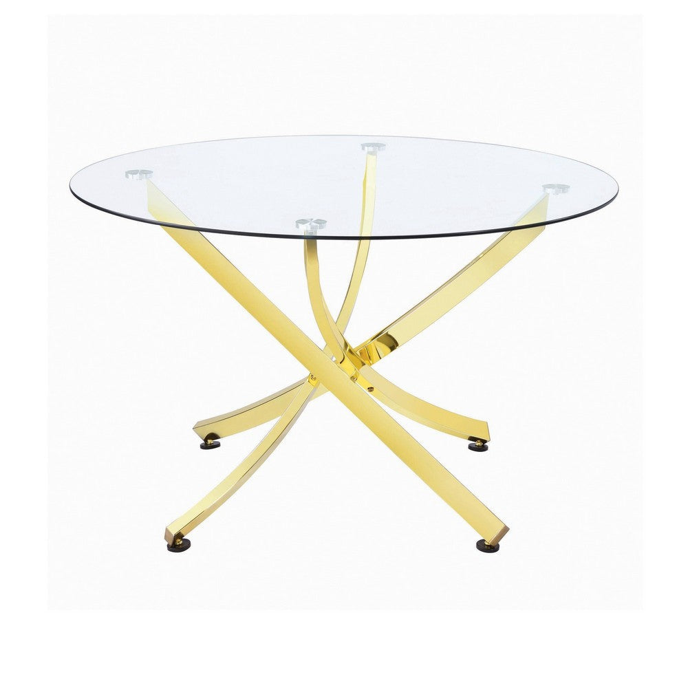 Astra Dining Table | Glass Top | Curved Metal Base | Gold