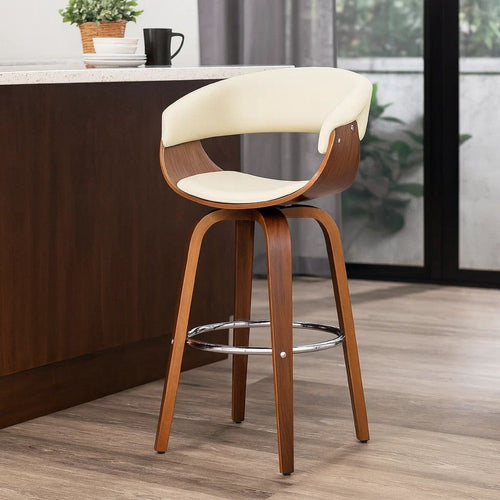 Barstool with Counter Open Design and Wooden Legs, Cream and Brown