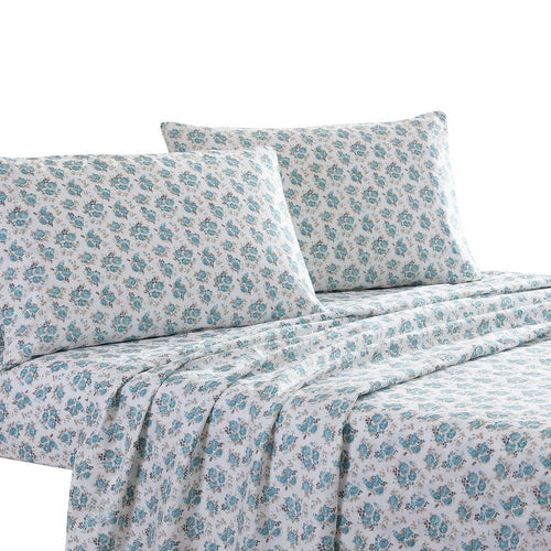 Veria 4 Piece Cal King Sheet Set | Rose Print | White | Blue