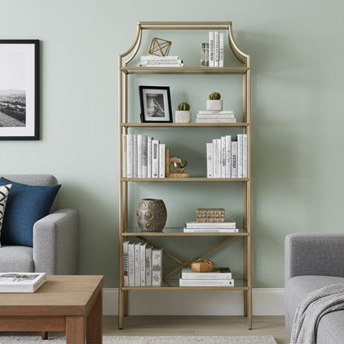 Cleo Bookcase | 5 Glass Shelves | Metal Frame | Gold