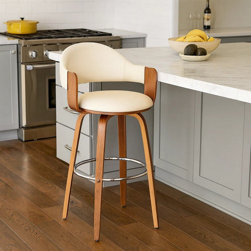 Reid Barstool | 26" | Faux Leather | Curved Back | Cream | Brown