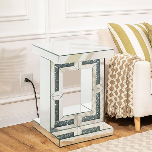 Accent Table with Open Geometric Base and Acrylic Diamond Inlay, Silver By Casagear Home