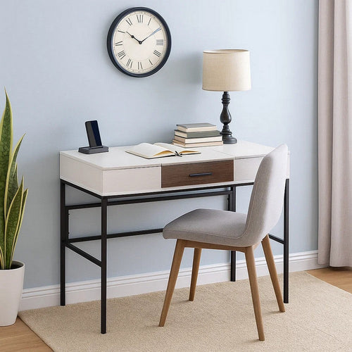 Writing Desk with 2 Hinged Top Storage Compartments, White and Black