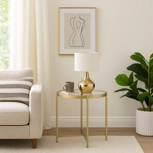 Liora End Table | Round Glass Top | Metal Frame | Gold