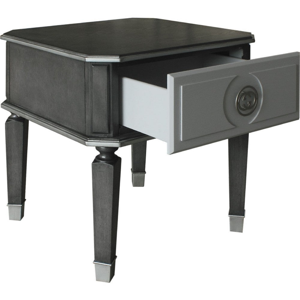 MDF End Table with 1 Drawer and Turned Tapered Legs Gray and Silver BM250262