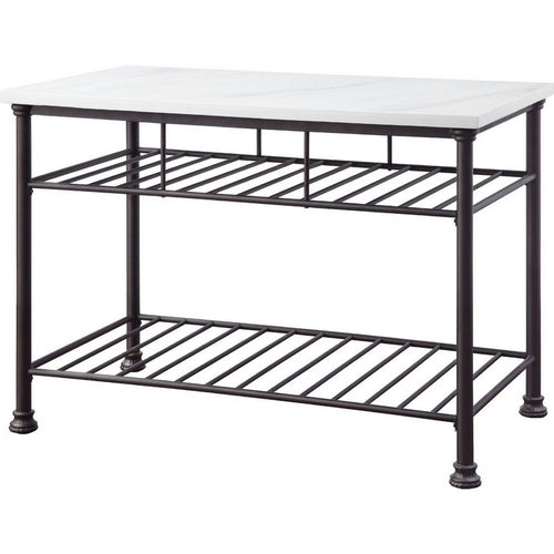 Reid Kitchen Island | Artificial Marble Top | 2 Slatted Shelves | White
