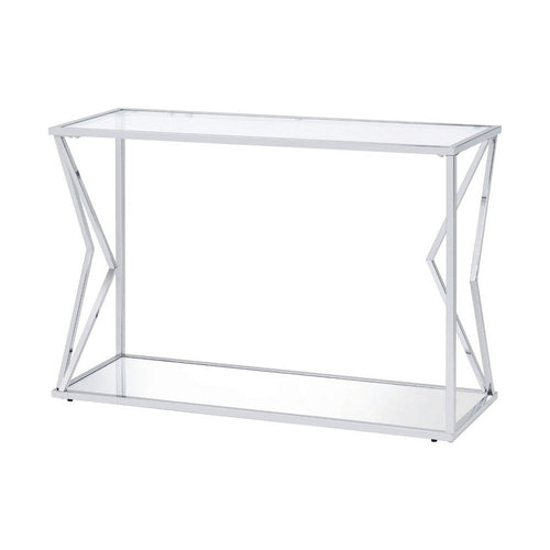 Vera Sofa Table | Glass Top | Bottom Shelf | Geometric Accent | Silver