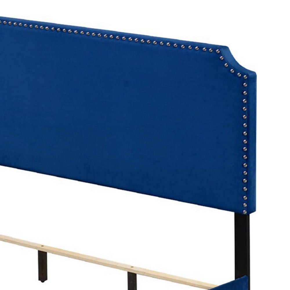 Queen Bed with Platform Style and Nailhead Trim Blue BM250409
