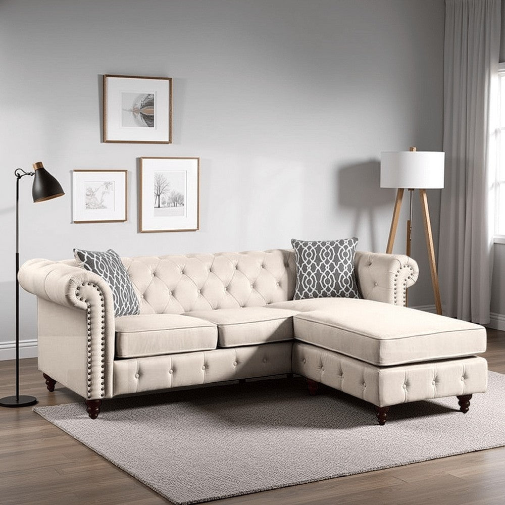 Reversible Sectional Sofa with Button Tufting and Rolled Arms, Beige By Casagear Home