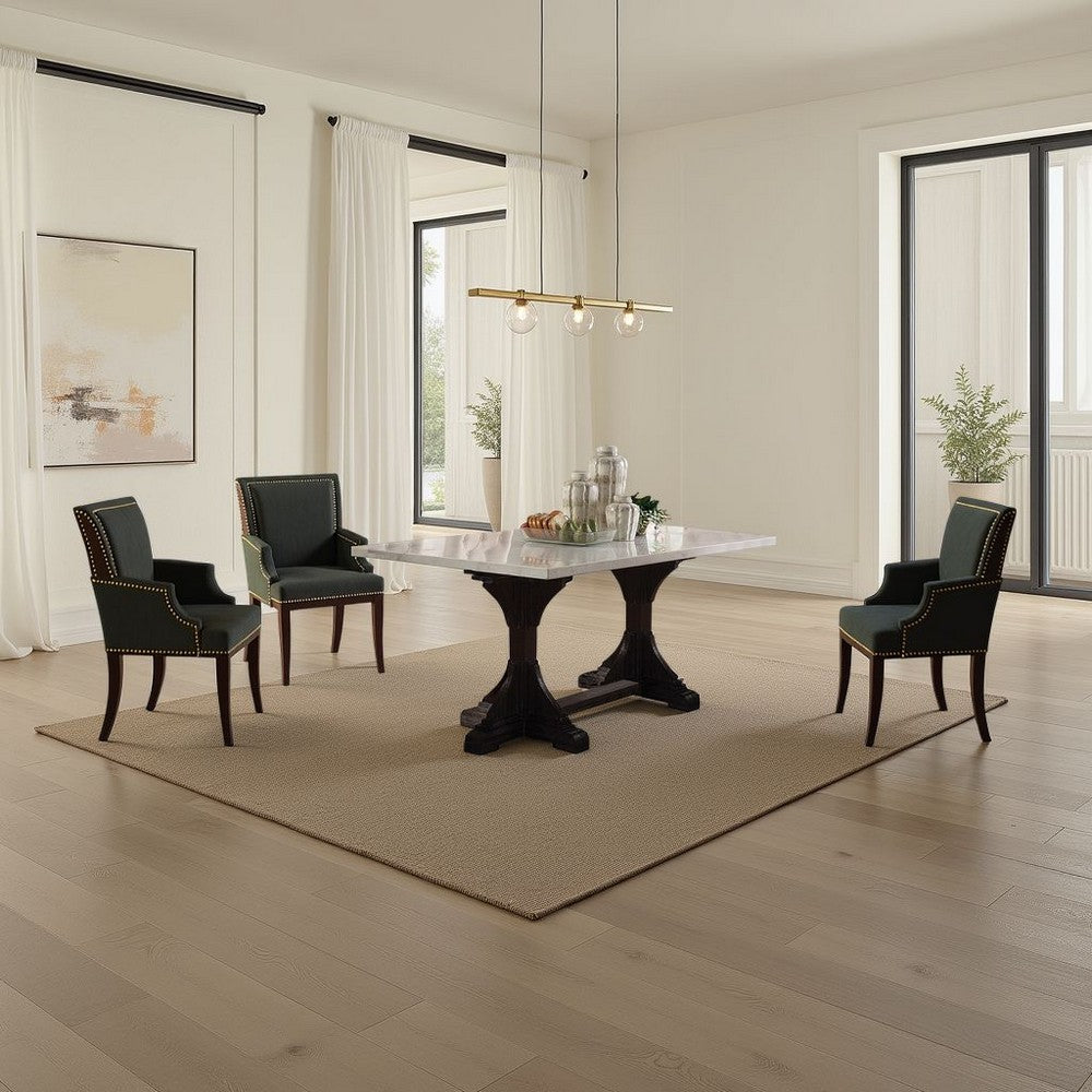 Dining Table with Marble Top and Trestle Base, Offwhite