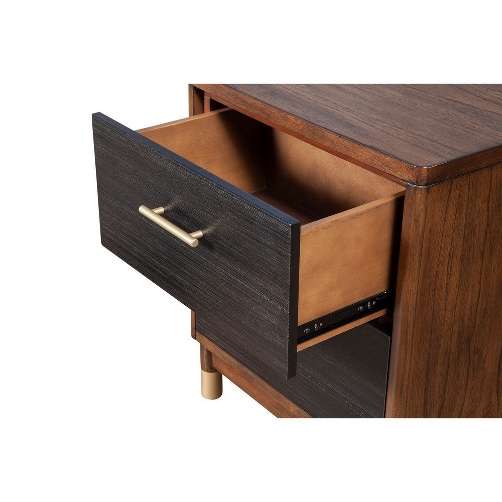 Nightstand with 2 Drawers and Round Legs, Brown and Black