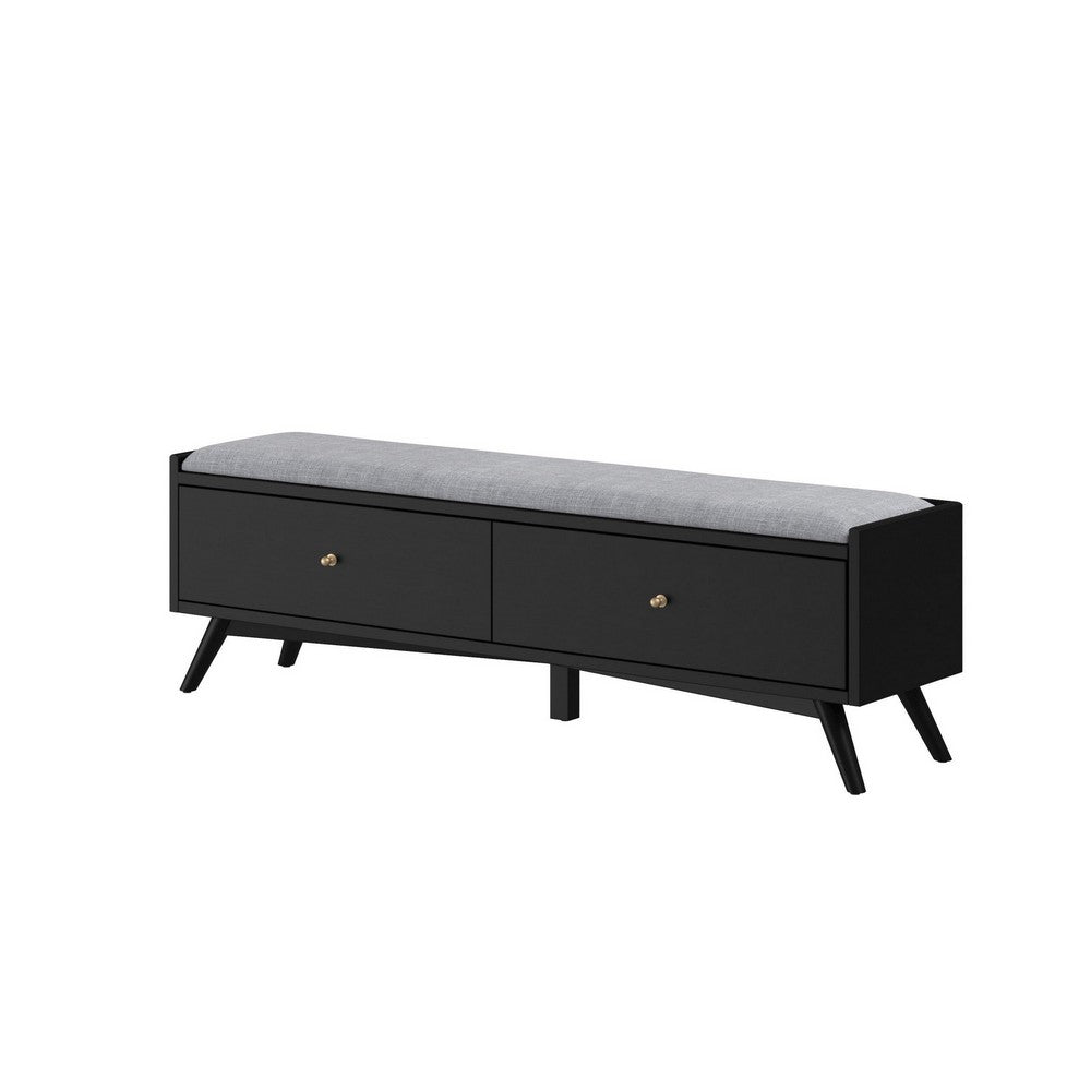 Bench with Fabric Padded Seat and 2 Drawers, Black